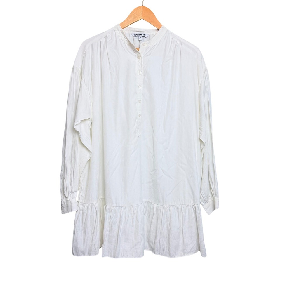 Elizabeth and James White Ruffle Hem Tunic Dress Button Front Long Sleeve M